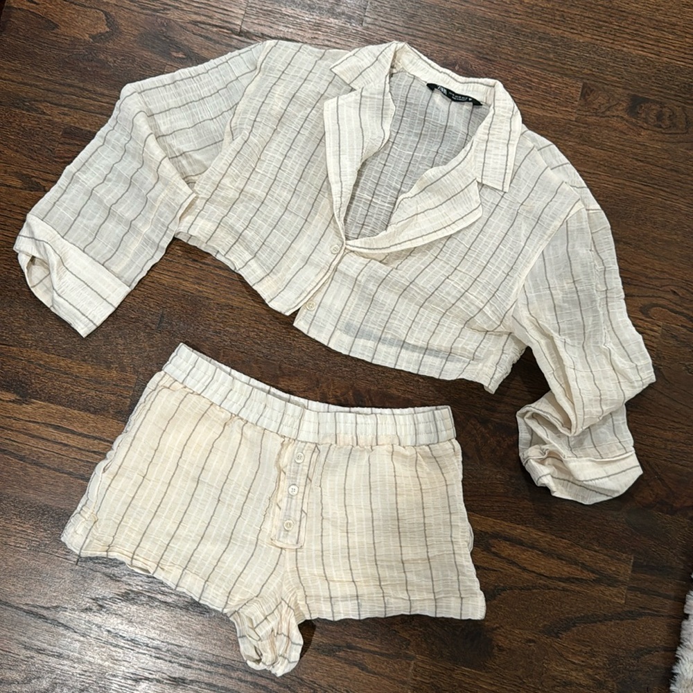 Zara striped linen shorts set